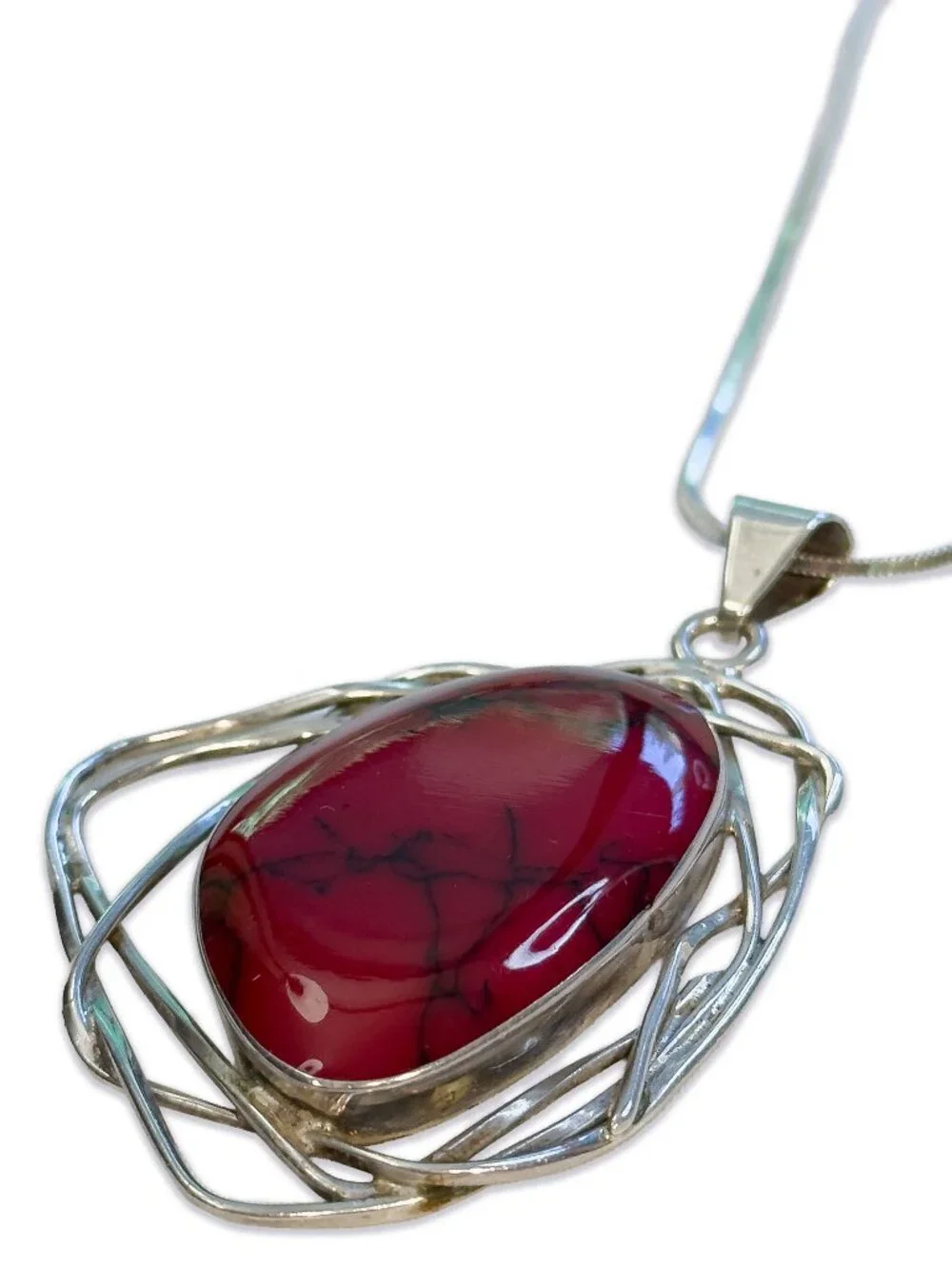 Mexican Red Jasper Sterling Silver Wire Pendant Italian 925 FAS Chain Necklace